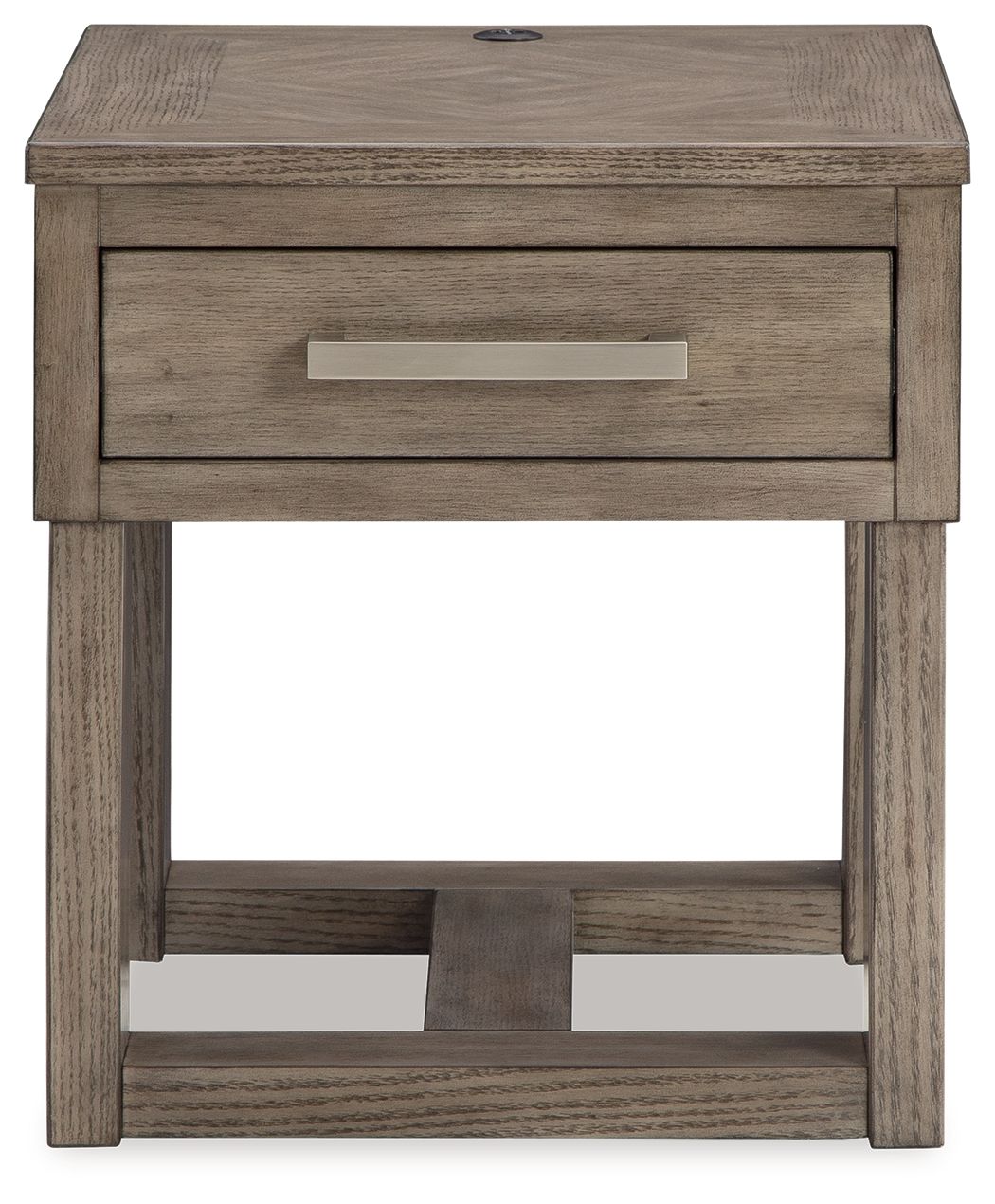 Grayish brown rectangular end table with a single front drawer and open bottom shelf