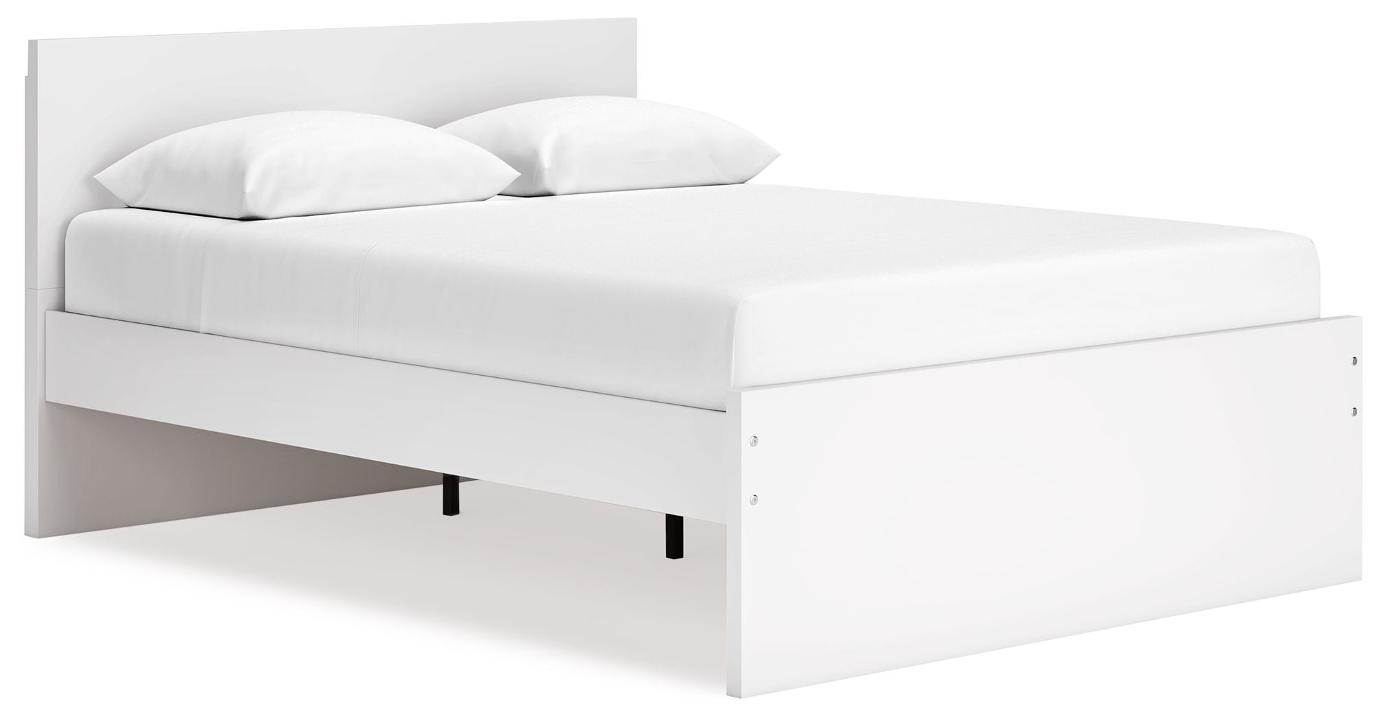 White panel platform bed with visible under-bed space and two arched pillows