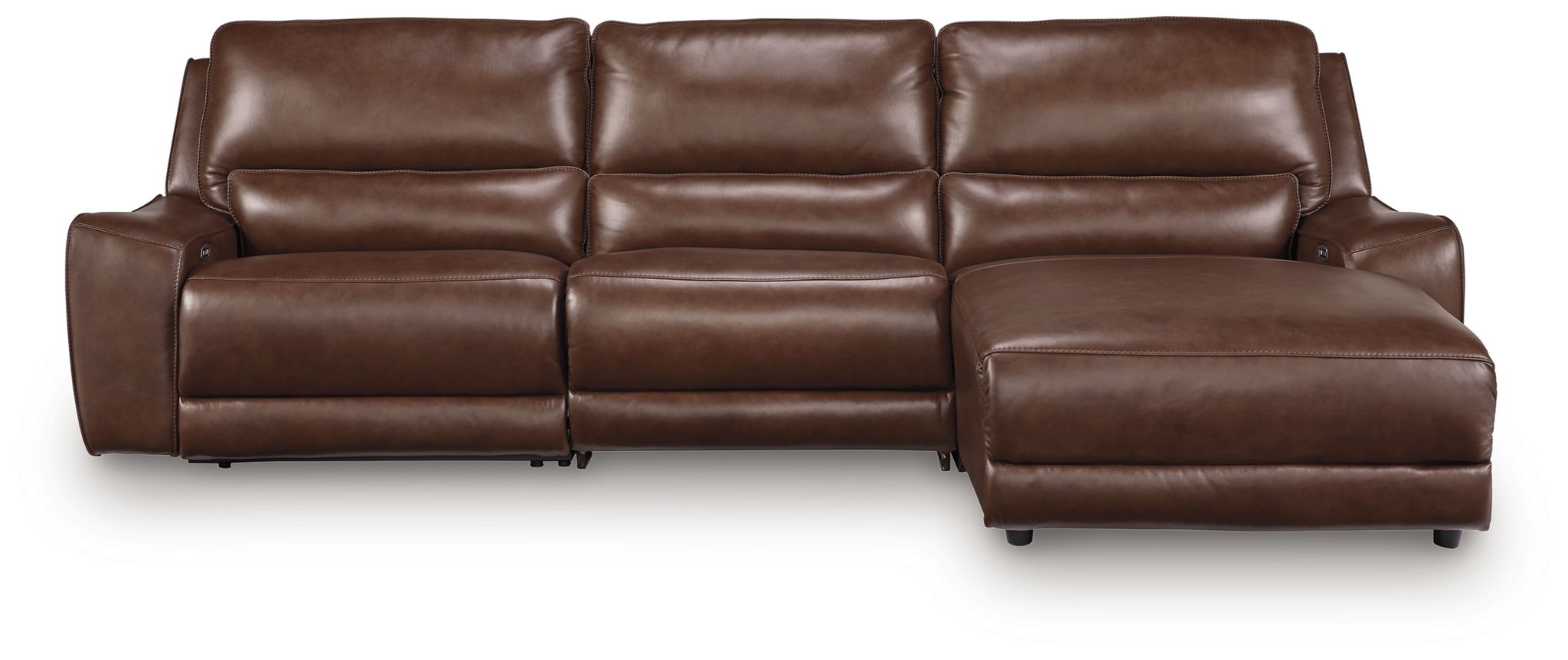Power reclining sectional with reclining seats and ottoman footrests in dark brown leather