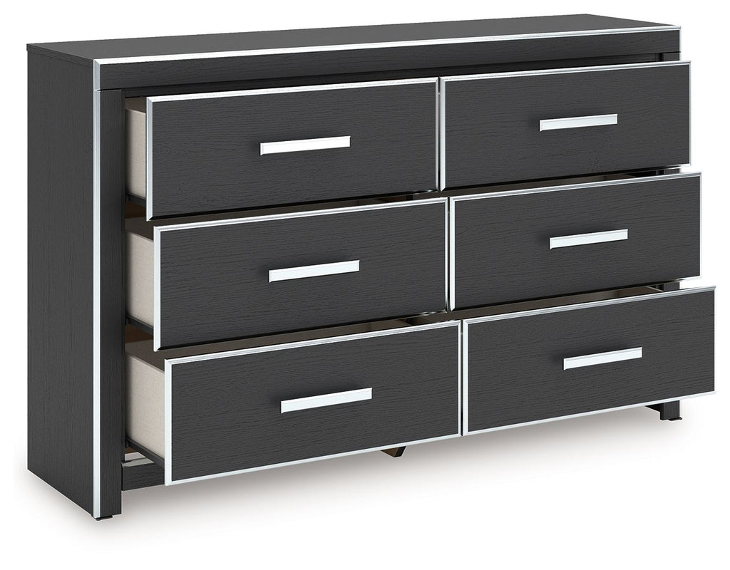 Six-drawer dresser in dark finish with open drawers and silver bar pulls.