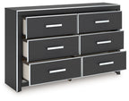 Six-drawer dresser in dark finish with open drawers and silver bar pulls.