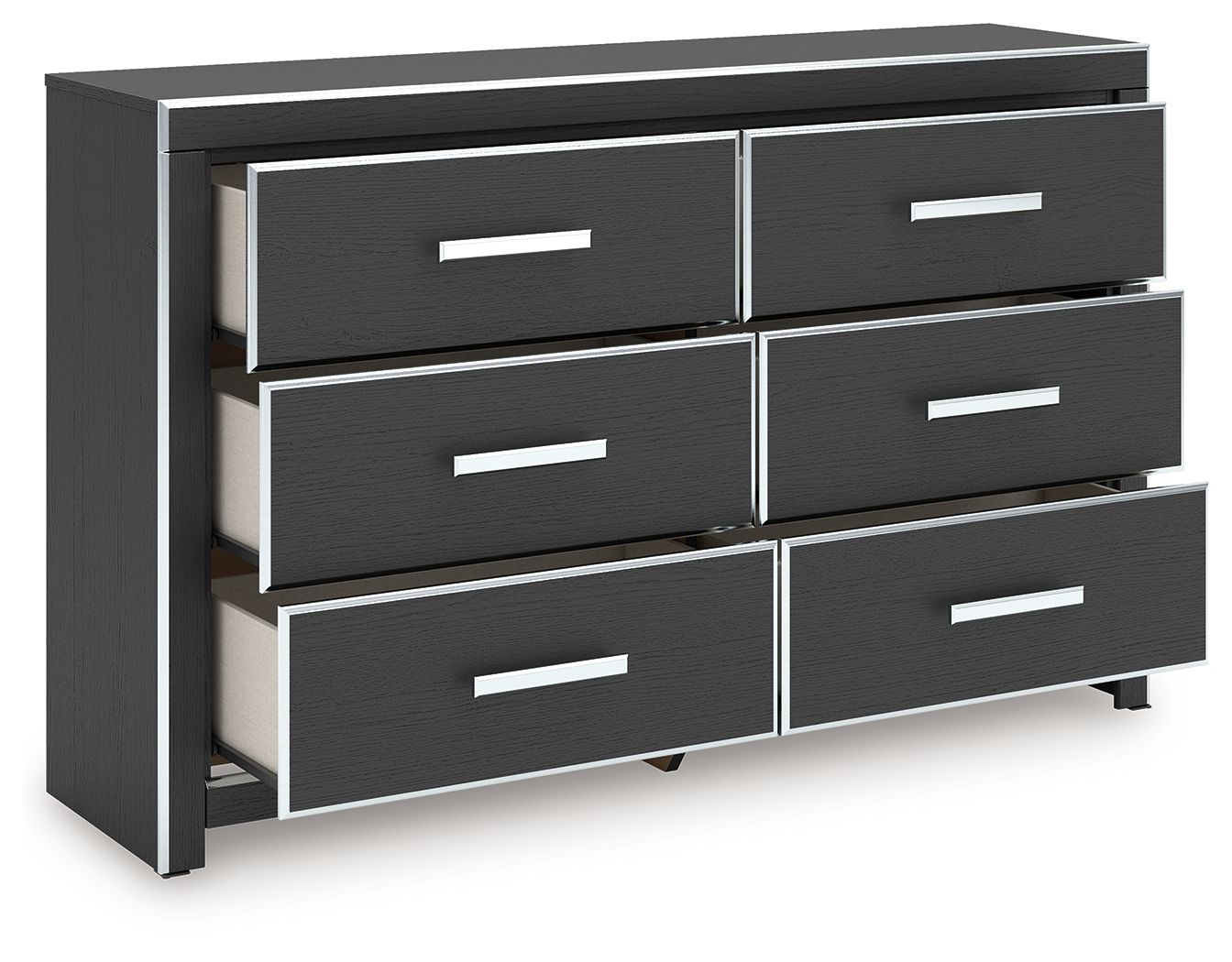 Six-drawer dresser in dark finish with open drawers and silver bar pulls.