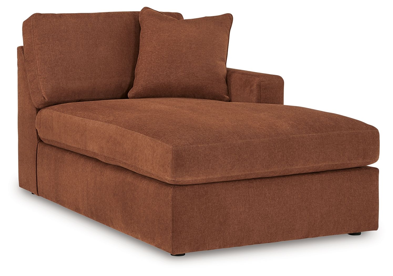 Brown corner chaise with cushioned seat and two back pillows