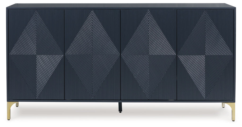 Dark blue accent cabinet front with diamond geometric door panels and gold-tone legs