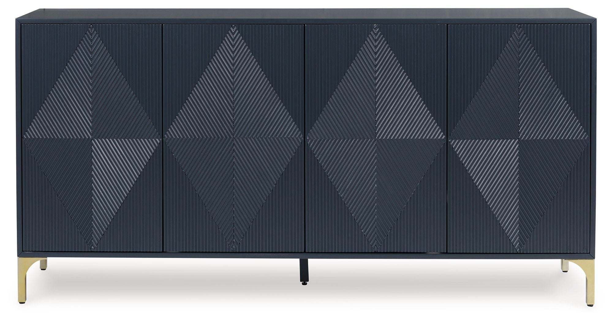 Dark blue accent cabinet front with diamond geometric door panels and gold-tone legs