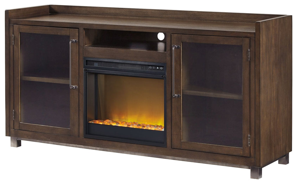 Brown wooden TV stand with glass-front fireplace insert and two open storage shelves