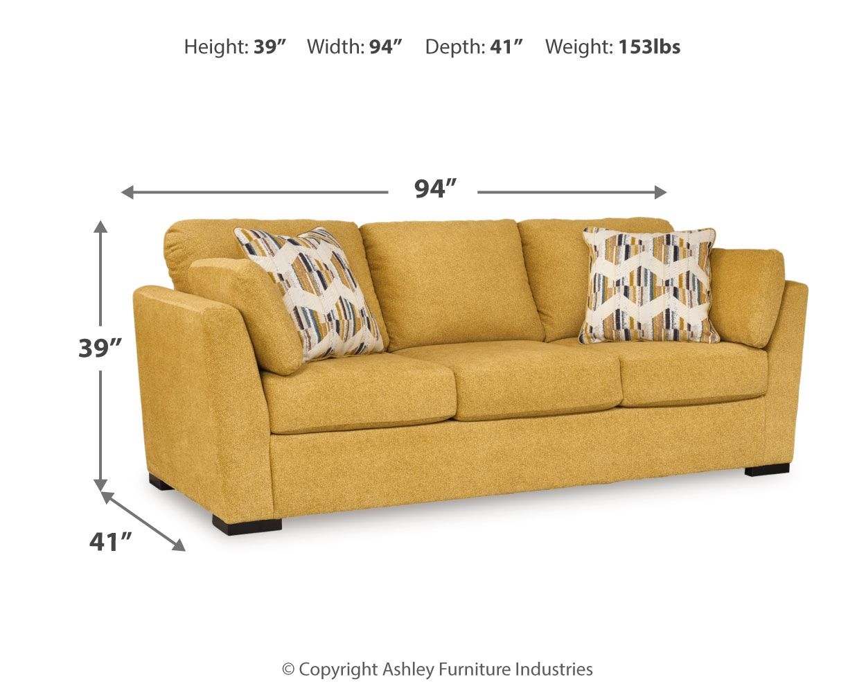 Keerwick sofa in sunflower yellow with two patterned accent pillows and low black feet