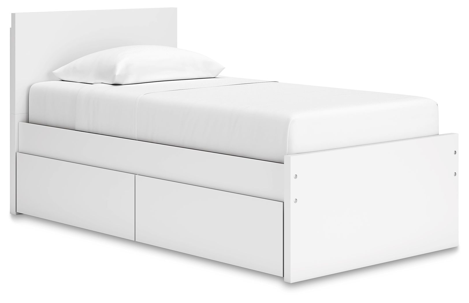 White panel platform bed with two front drawers and upholstered headboard and footboard