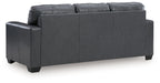 Dark gray leather-look sofa with low back, wide arms, and square feet