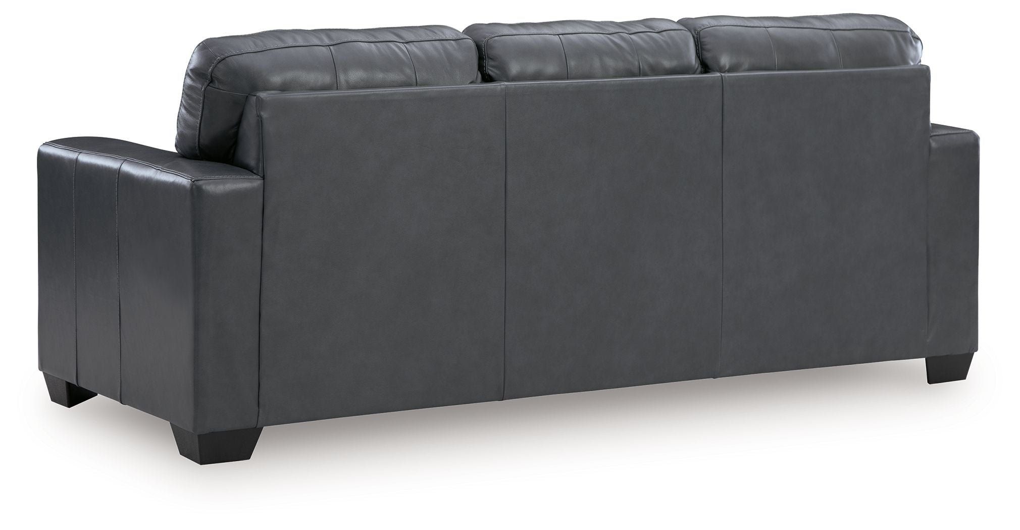Dark gray leather-look sofa with low back, wide arms, and square feet