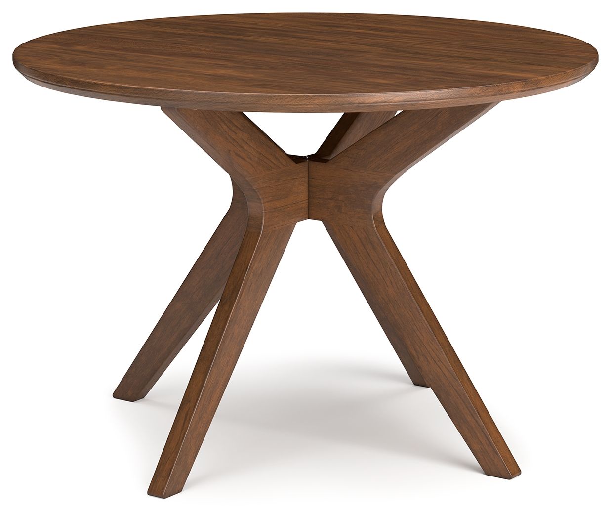 Brown round dining room table with tapered three-leg base