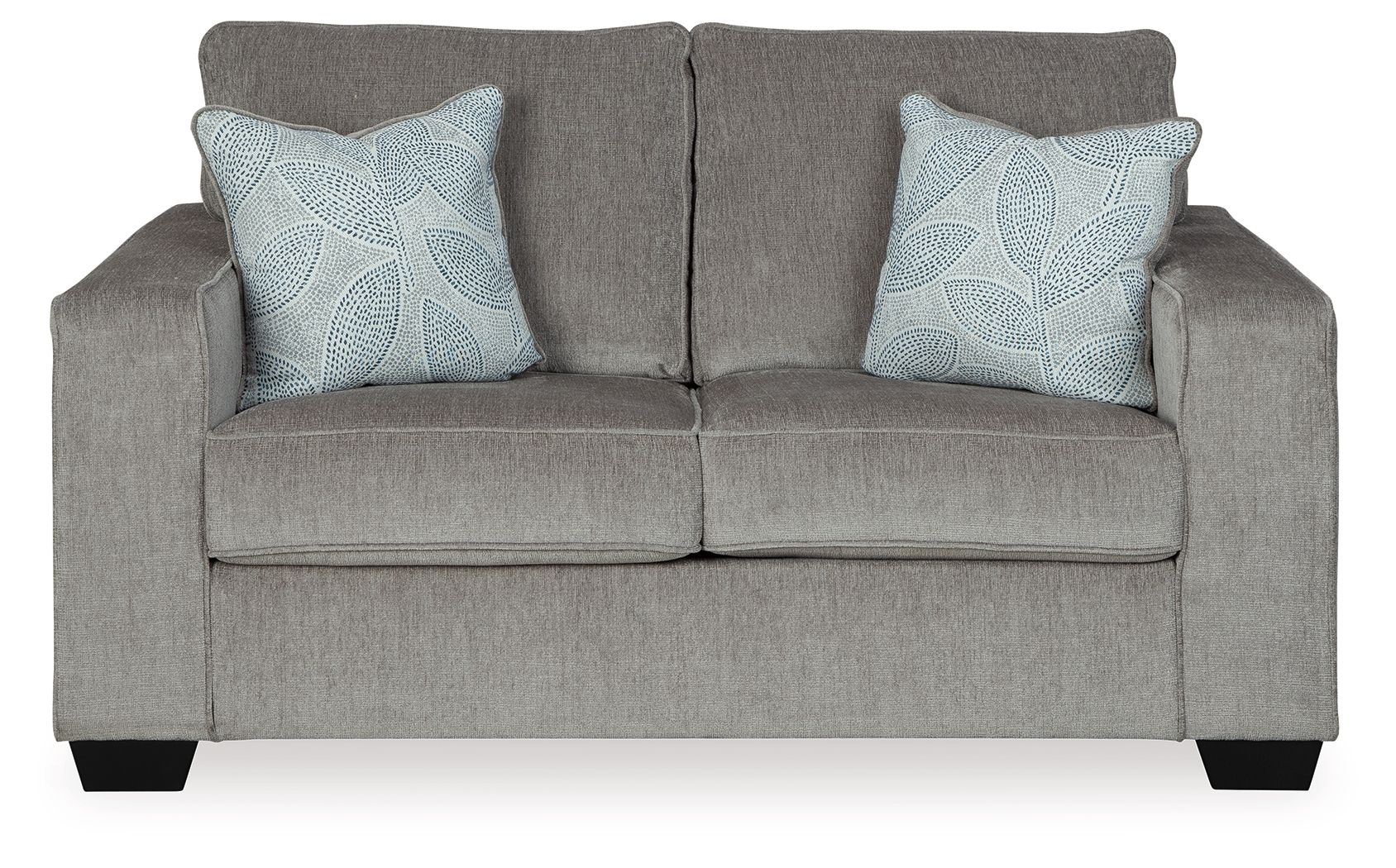 Gray stationary loveseat with two light blue patterned throw pillows and boxed seat cushions