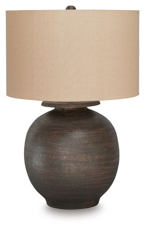 Antique brown metal table lamp with beige fabric drum shade