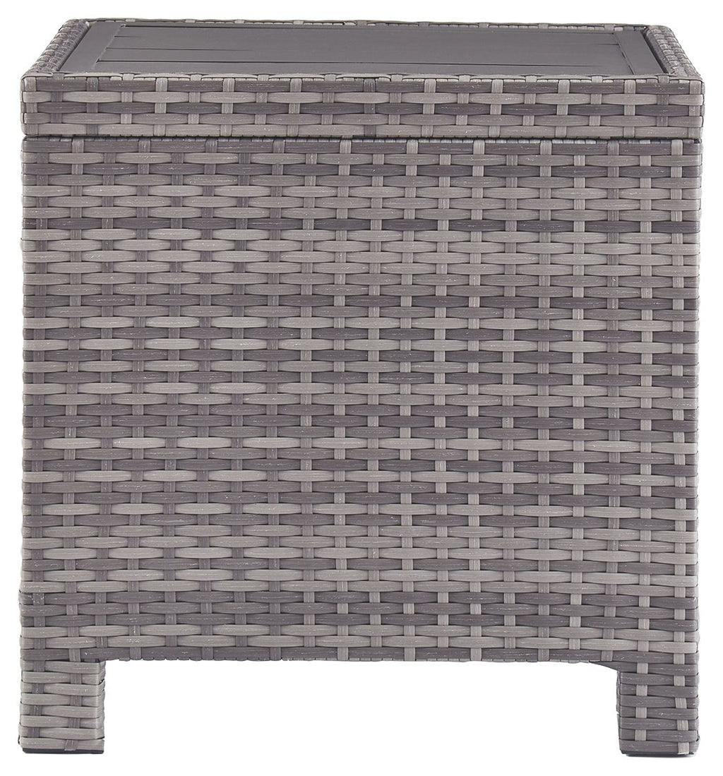 Gray square end table with woven rattan texture and dark top panel