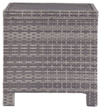 Gray square end table with woven rattan texture and dark top panel