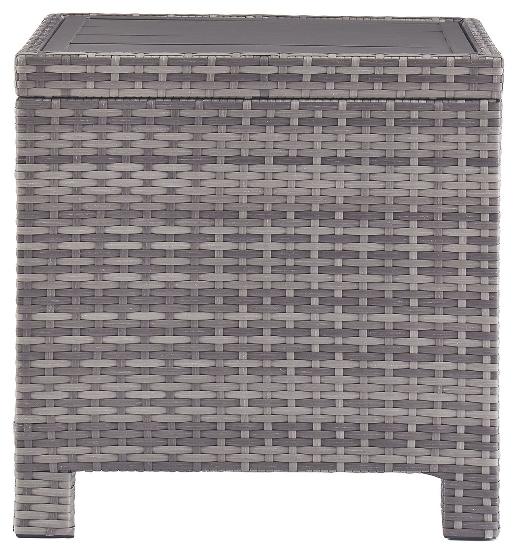 Gray square end table with woven rattan texture and dark top panel