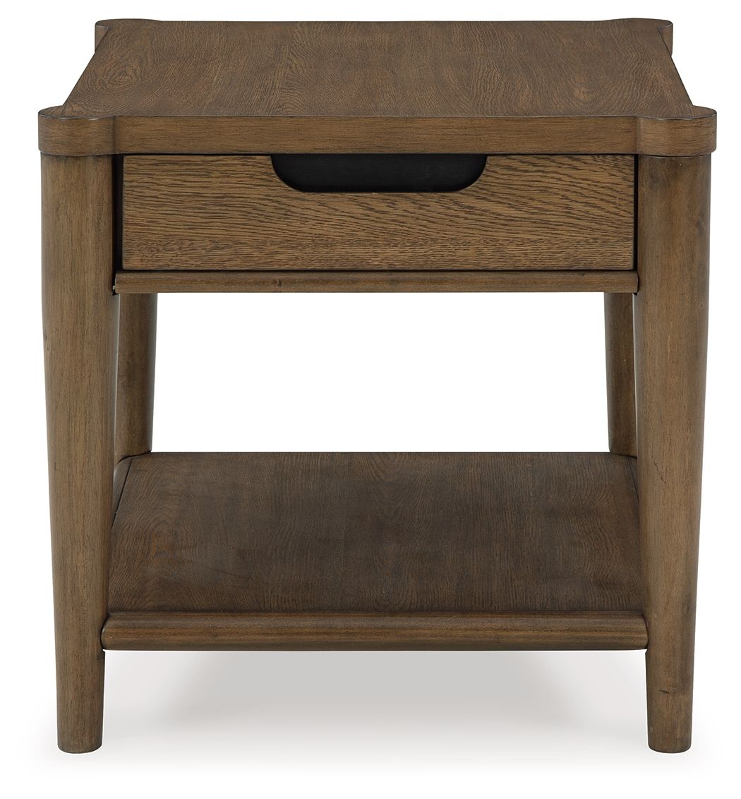 Brown rectangular end table with single drawer and bottom shelf