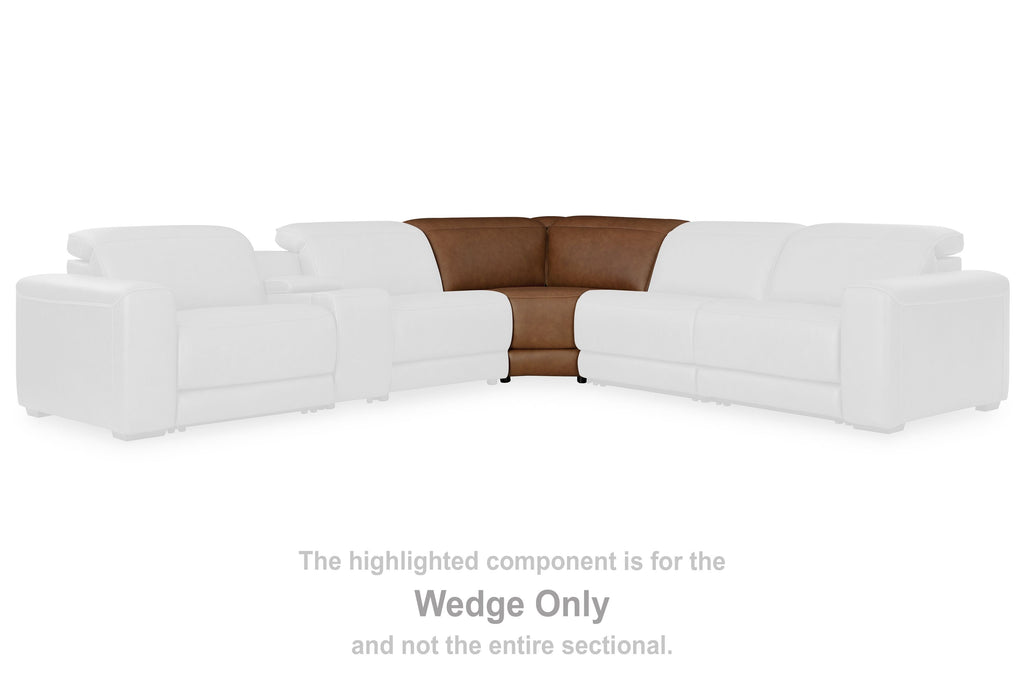 Caramel wedge sofa component with manual headrest, shown as wedge only