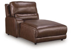 Brown leather power chaise with press-back headrest and rounded ottoman base