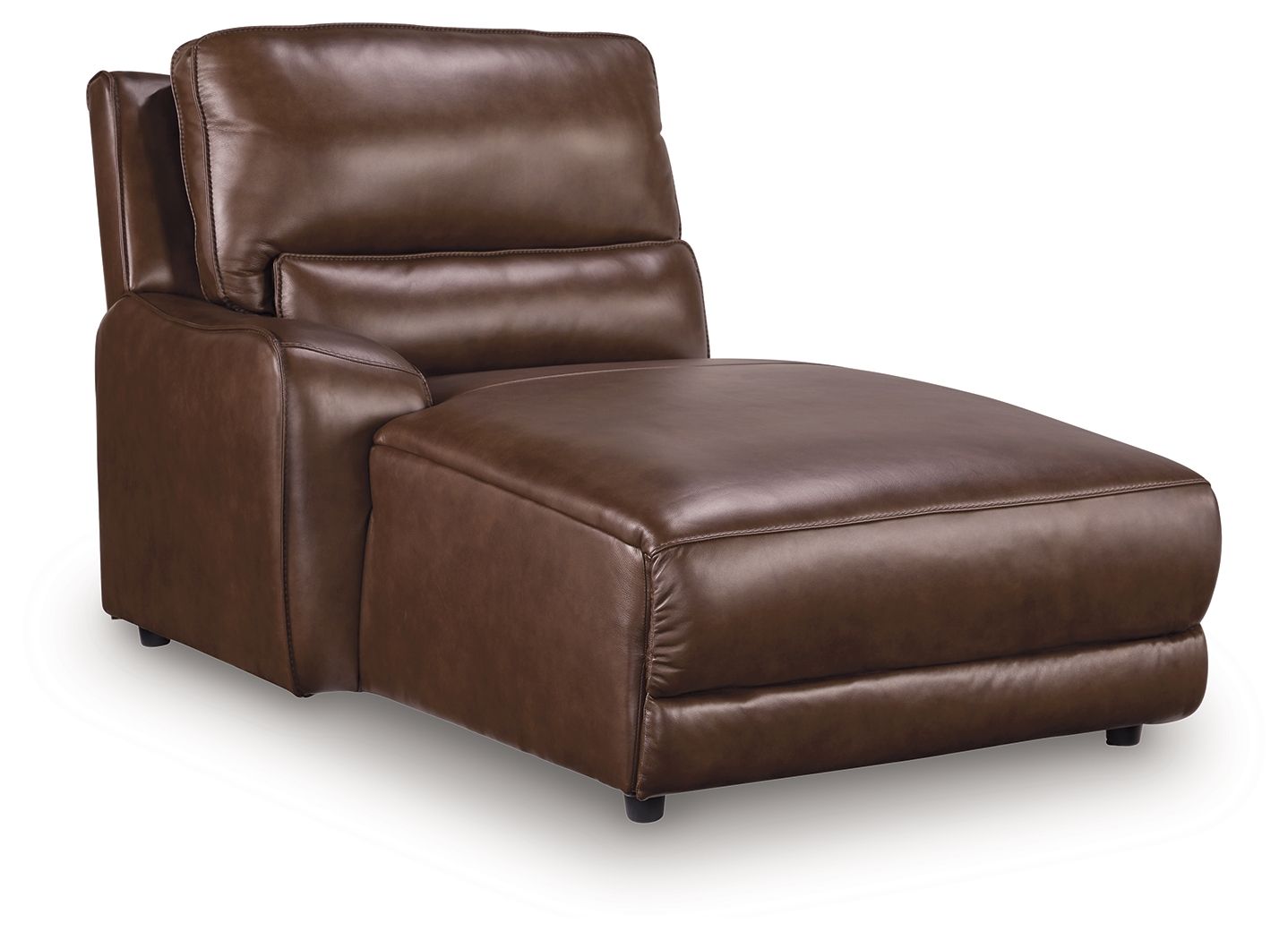 Brown leather power chaise with press-back headrest and rounded ottoman base