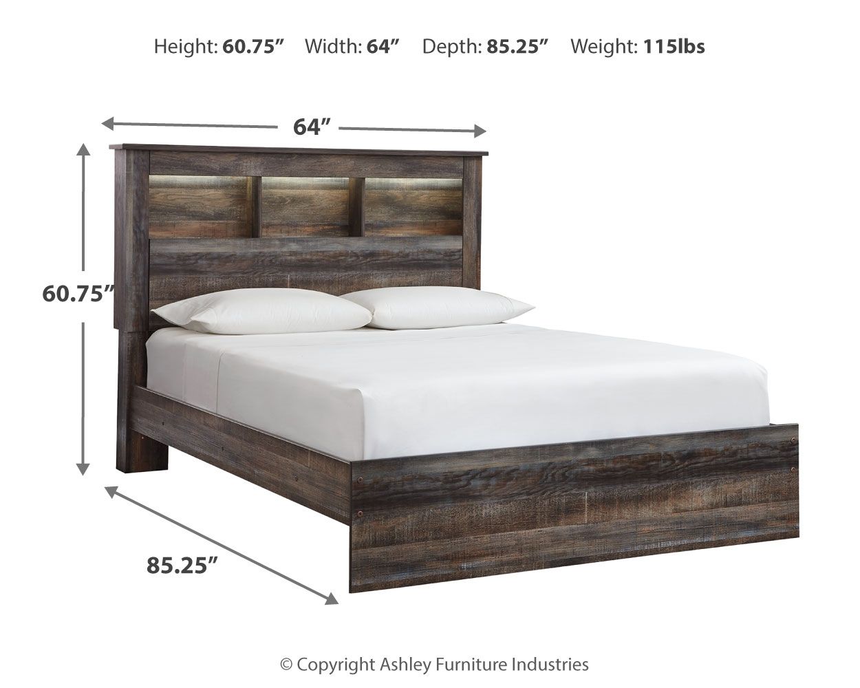 Panel bookcase bed diagram, dark wood finish, side storage drawers