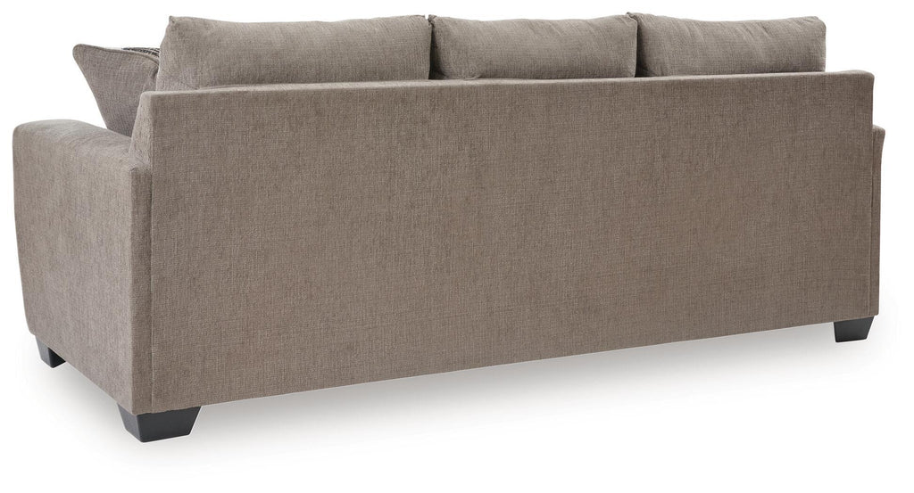 Sofa sleeper, taupe upholstery with three back cushions.