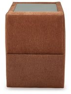 Spice brown fabric console with storage, front and open top insert