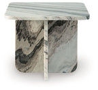 Accent cocktail table with white marble-look top and central pedestal base