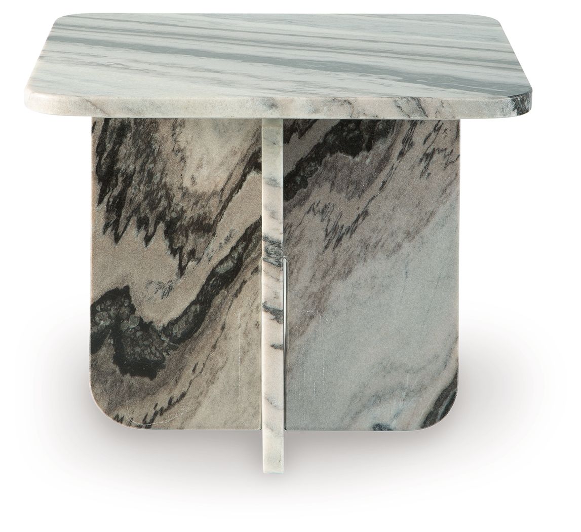 Accent cocktail table with white marble-look top and central pedestal base