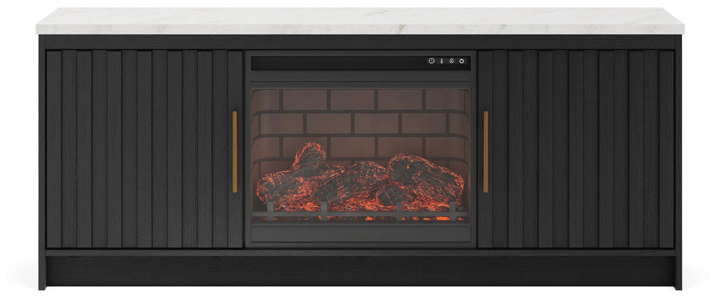 Black TV stand with built-in fireplace insert and faux ember glow