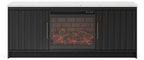 Black TV stand with built-in fireplace insert and faux ember glow