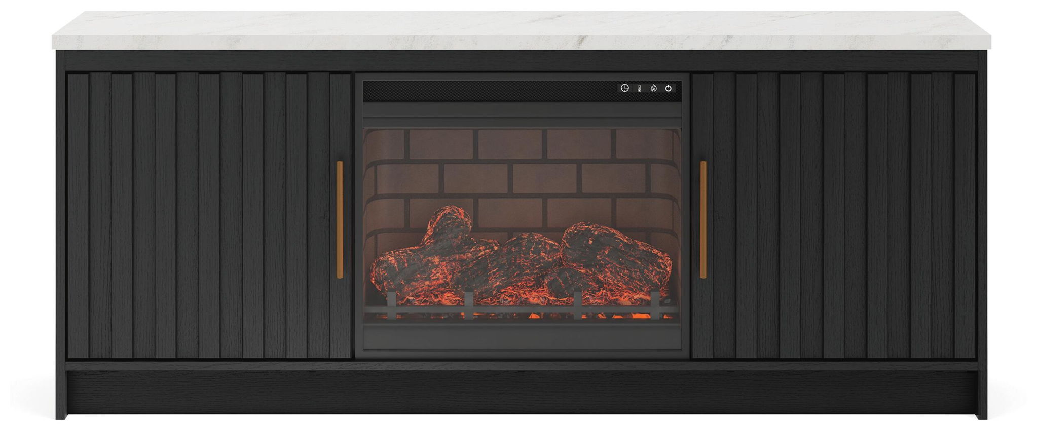 Black TV stand with built-in fireplace insert and faux ember glow