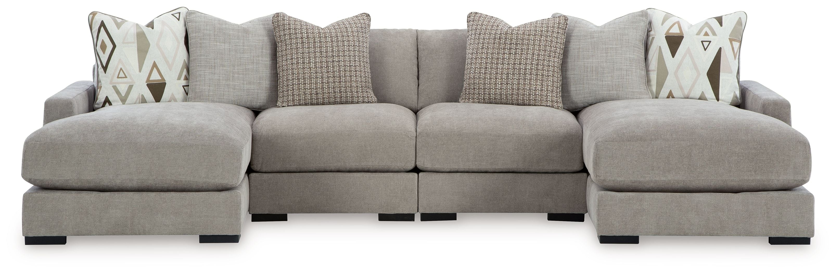 Pebble gray sectional sofa with chaise seats and geometric pattern accent pillows