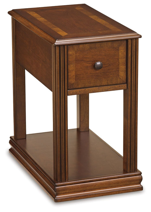 Brown chair side end table with removable tray top, drawer, and lower shelf