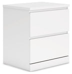 White two-drawer nightstand with flat top and simple side panels