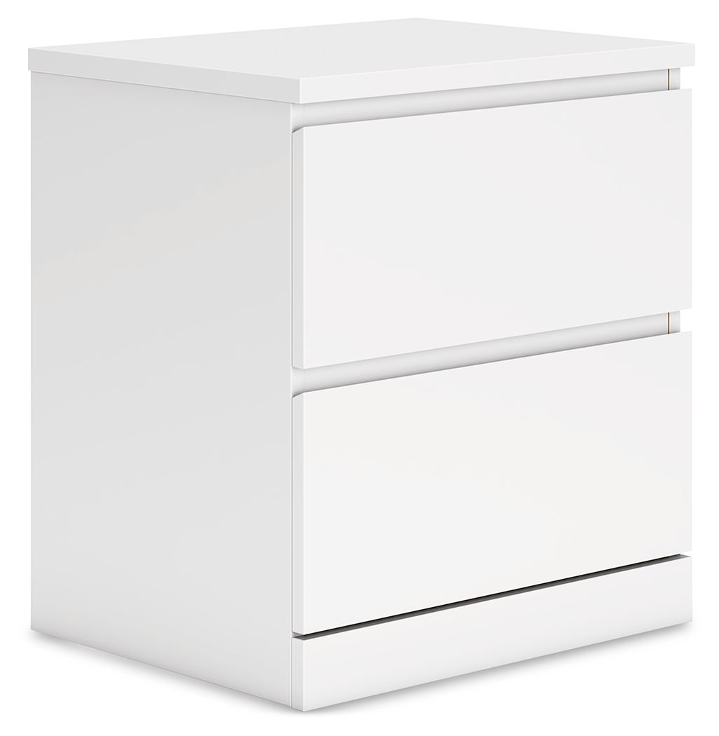 White two-drawer nightstand with flat top and simple side panels