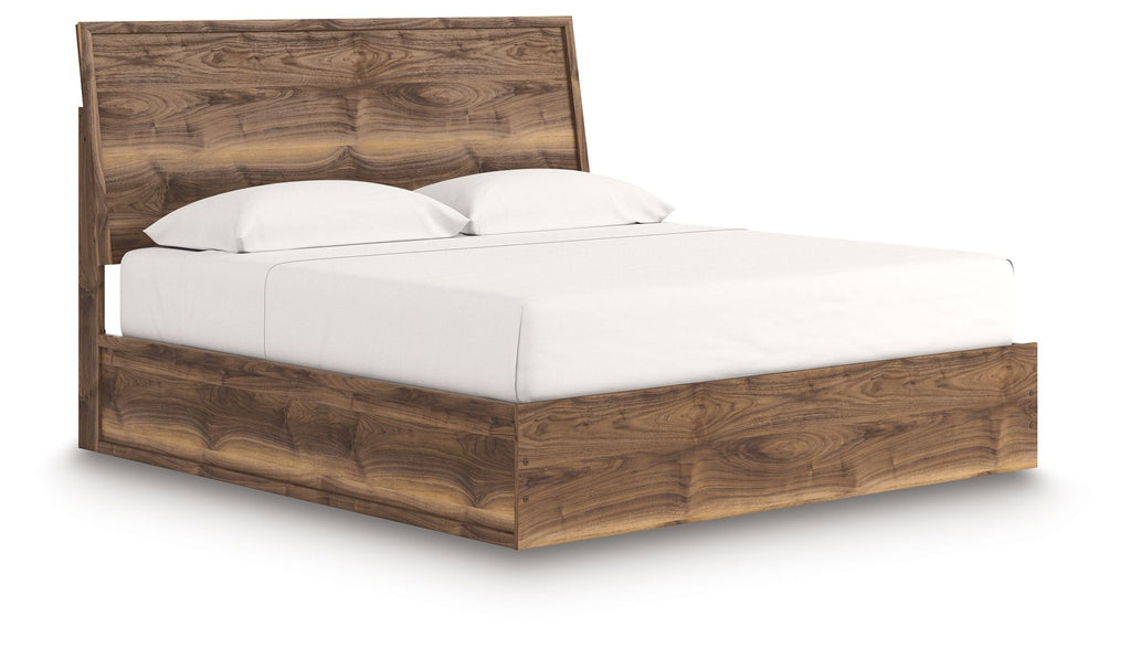 Dark brown panel bed frame with upholstered white mattress and two pillows