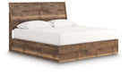 Dark brown panel bed frame with upholstered white mattress and two pillows