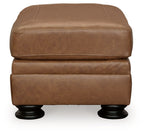 Carianna ottoman in caramel-brown upholstery with stitched panel detail and dark turned legs