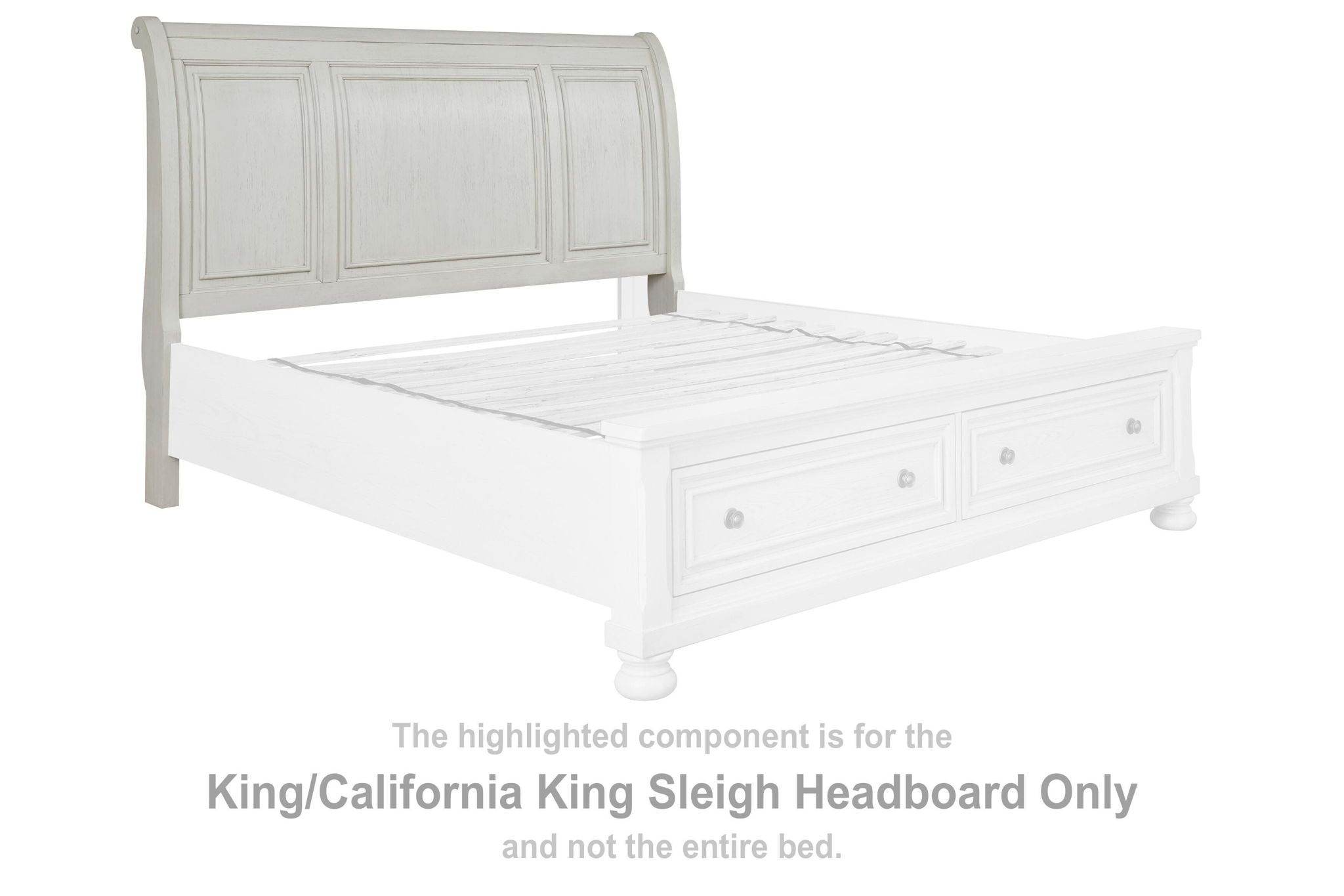 Antique white king sleigh headboard with curved top and panel details