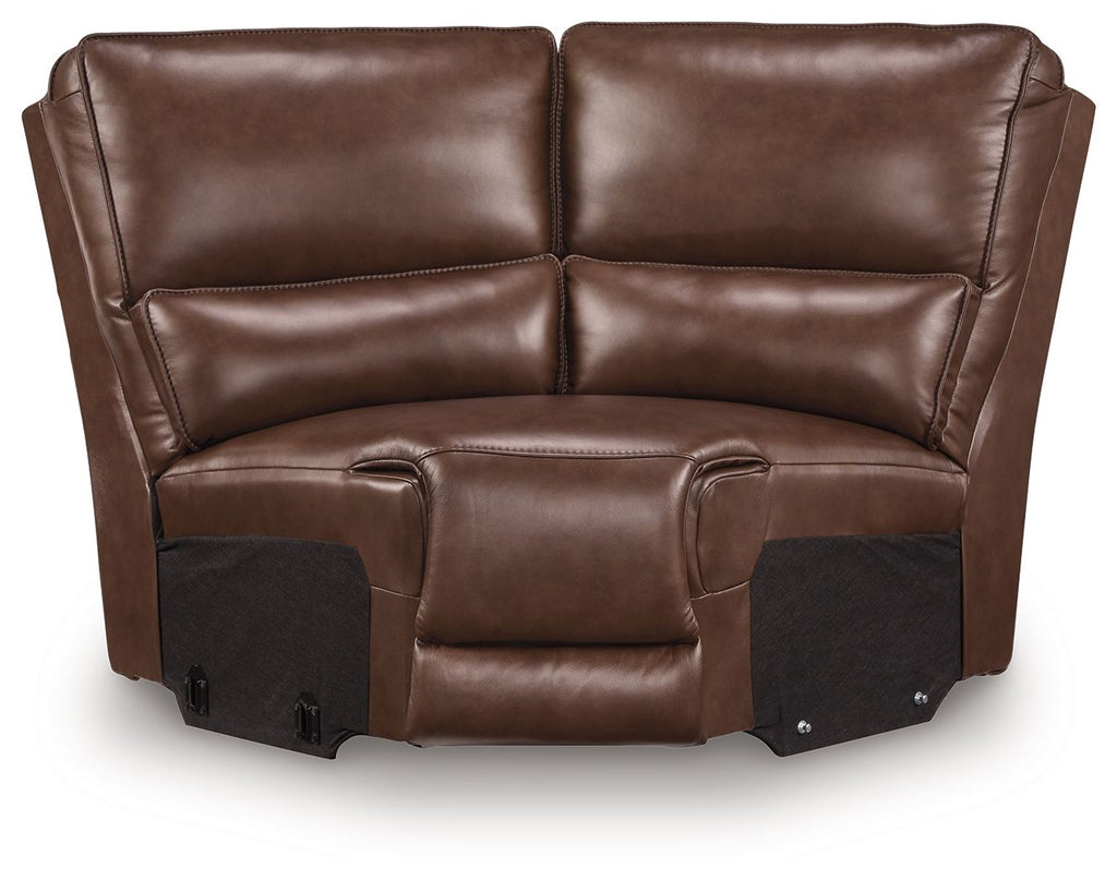 Brown leather corner wedge with padded backrest and built-in arm pads