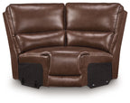 Brown leather corner wedge with padded backrest and built-in arm pads