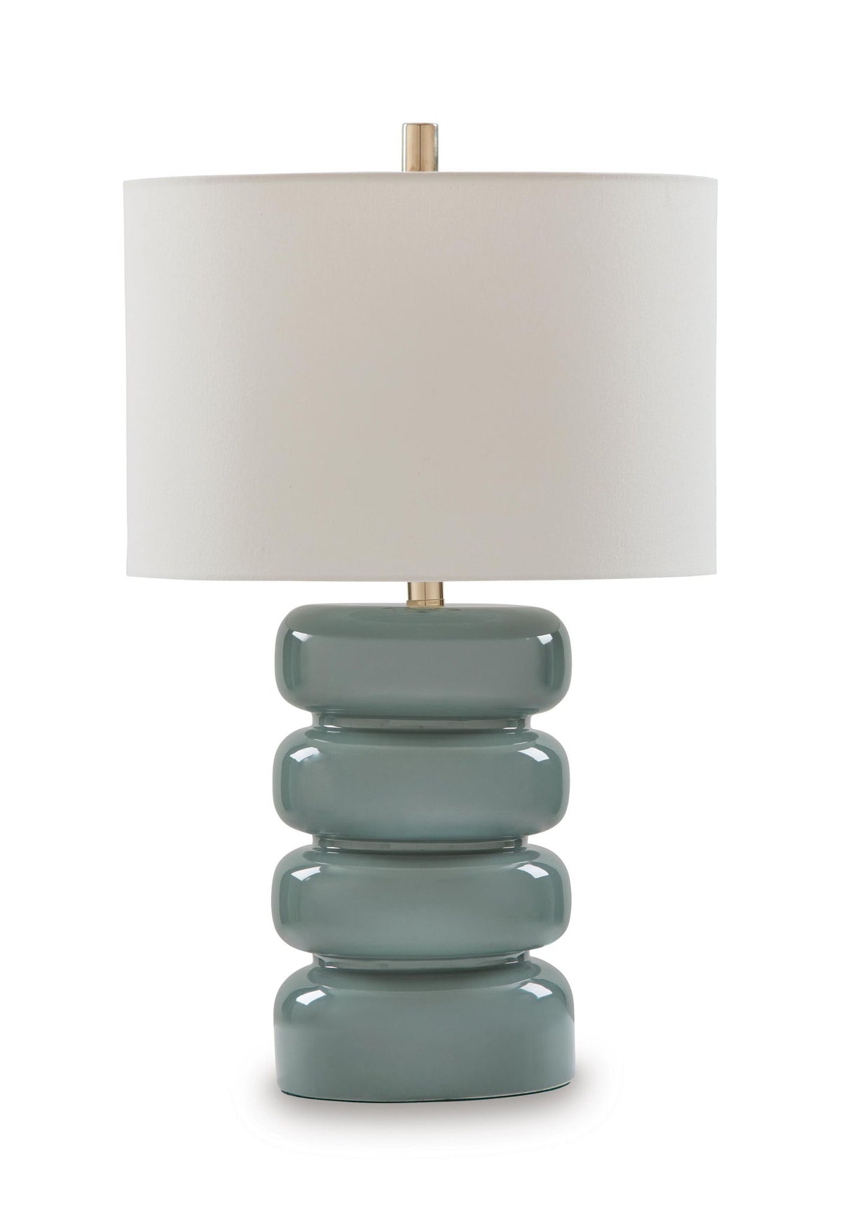 Ceramic table lamp with white fabric shade and gray-blue stacked base