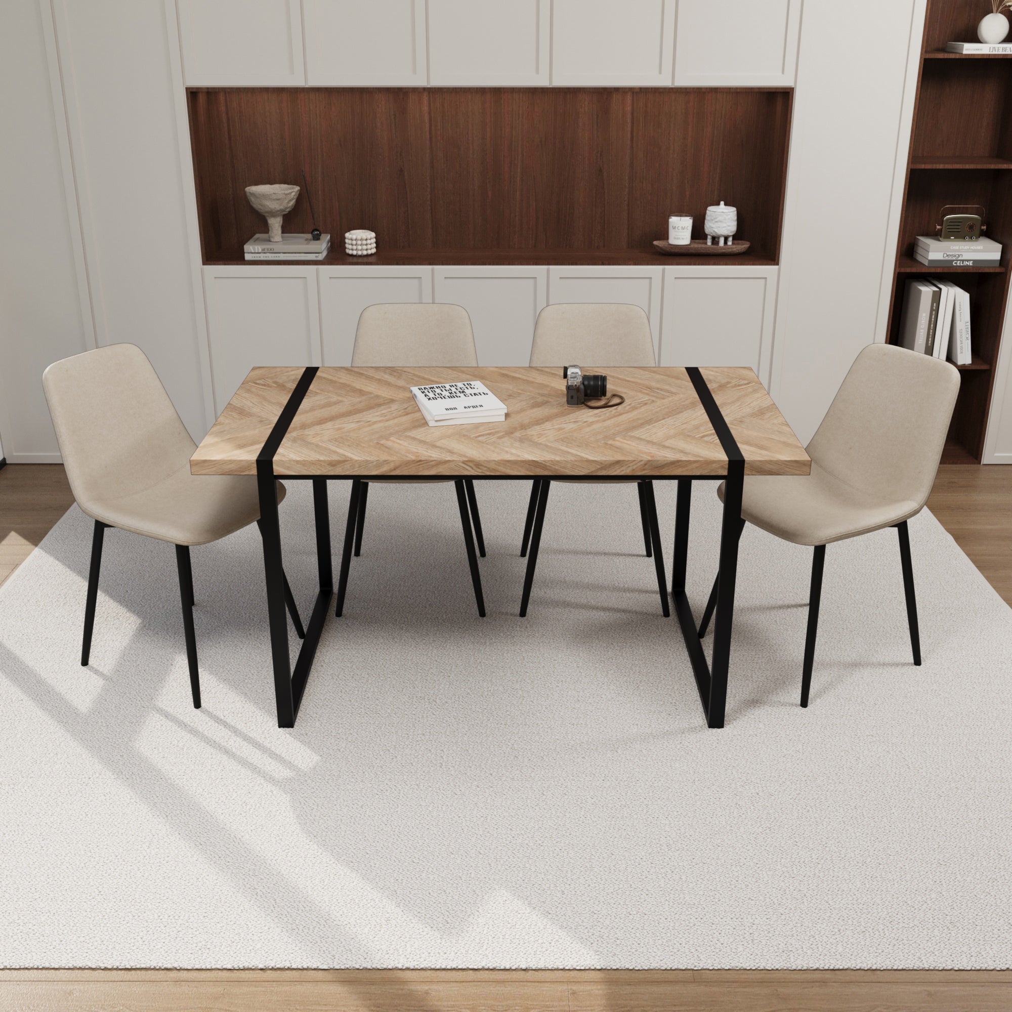 59" Modern Dining Table & 4 Chairs Set - Light Wood