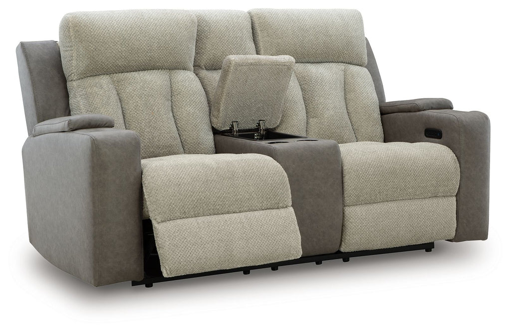 Power reclining loveseat with adjustable headrests, light fabric, padded recliner seating
