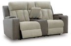 Power reclining loveseat with adjustable headrests, light fabric, padded recliner seating