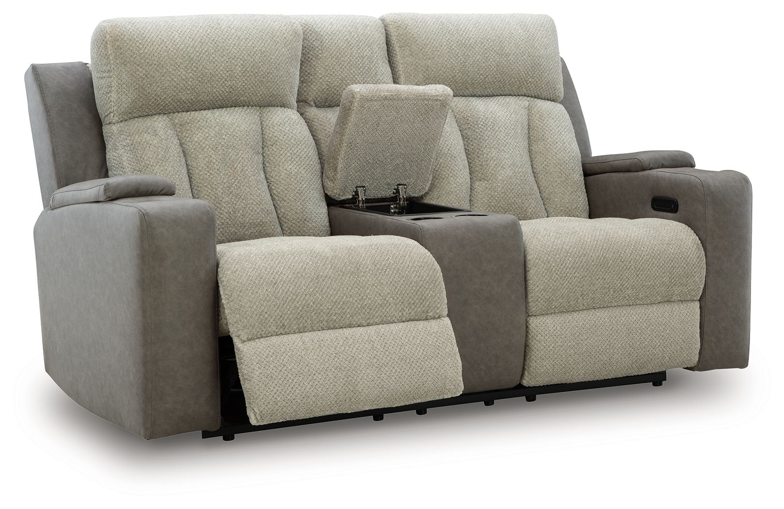 Power reclining loveseat with adjustable headrests, light fabric, padded recliner seating