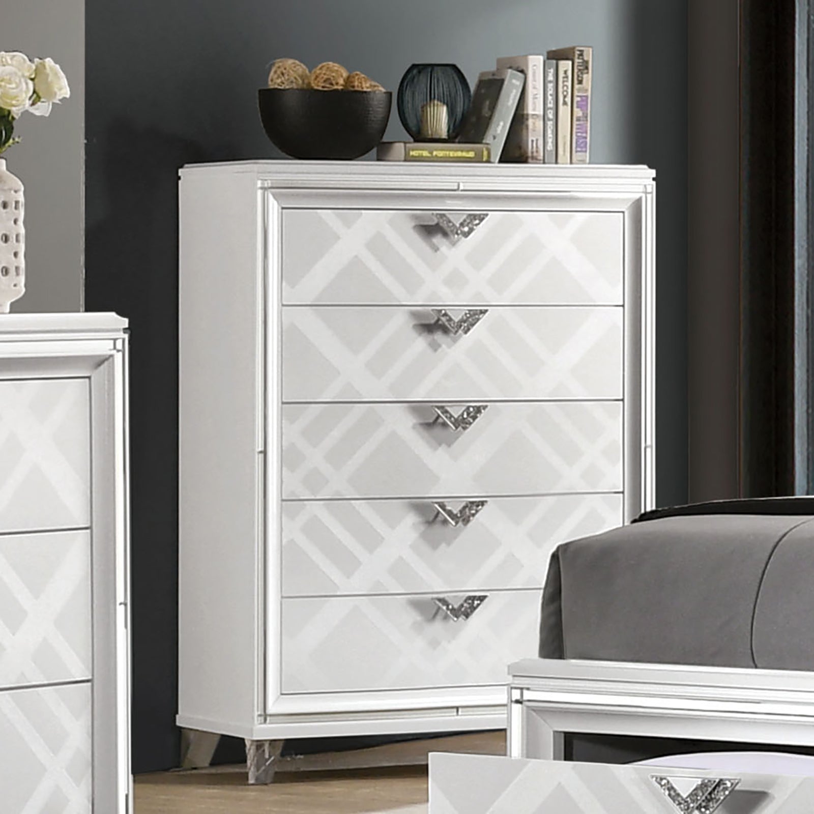 White Contemporary Chest: Acrylic Legs & Art Deco Diamond