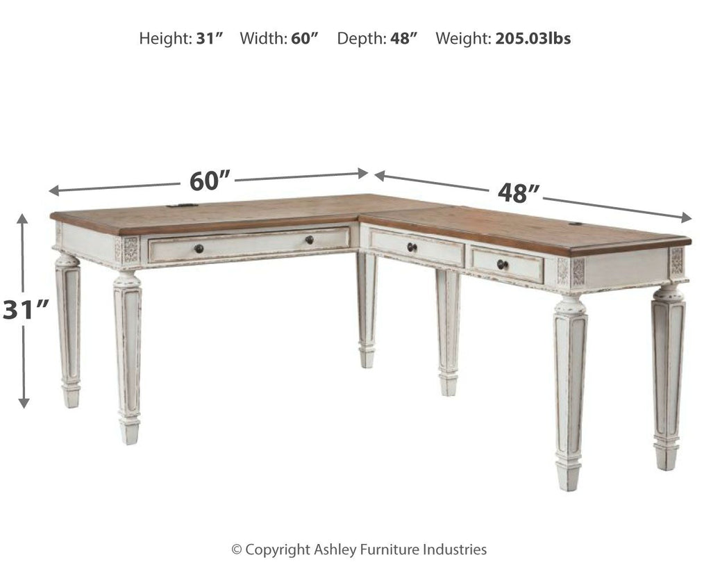 L-shaped home office desk with light wood top and white frame with drawers