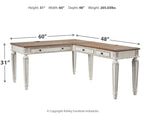 L-shaped home office desk with light wood top and white frame with drawers